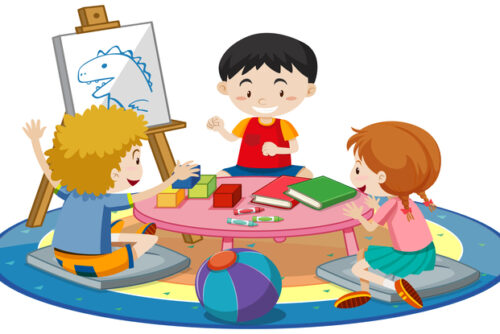 Students with kindergarten room elements on white background illustration