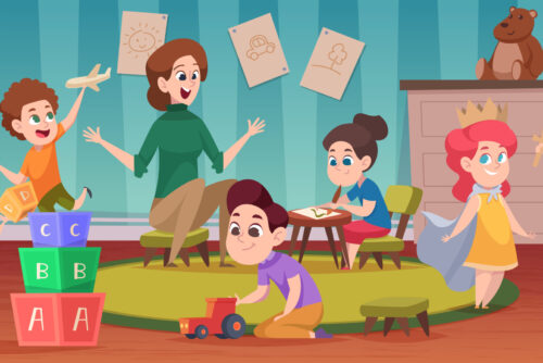 Teacher in kindergarten. Education lesson for kids in playground room children sitting and listening teacher playing with toys vector cartoon background. Illustration of teacher education kindergarten
