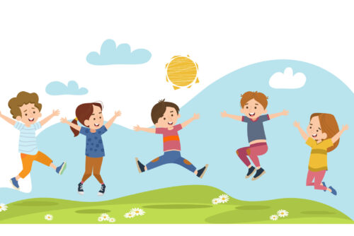 Happy children jumping on summer meadow flat vector illustration. Cartoon boys and girls playing in park at daytime. Kindergarten and childhood concept